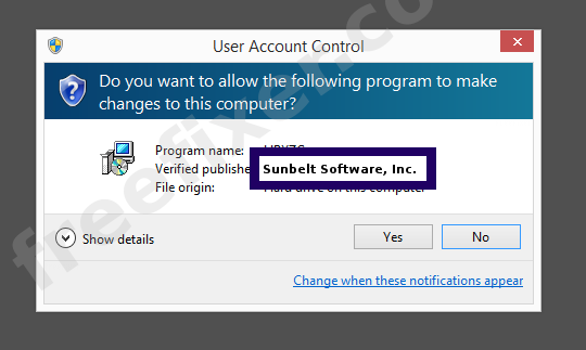 Screenshot where Sunbelt Software, Inc. appears as the verified publisher in the UAC dialog